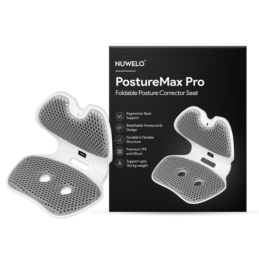 Nuwelo Posture Max Pro foldable posture corrector seat with packaging on a white background